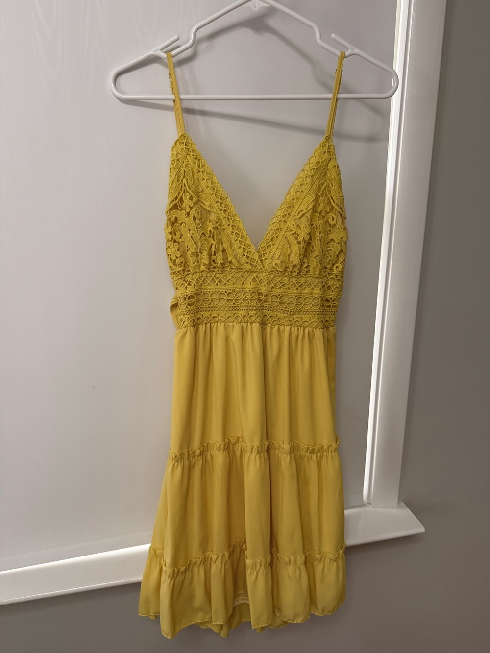 Amazon Yellow Lace-Trim Spaghetti Strap Mini Dress